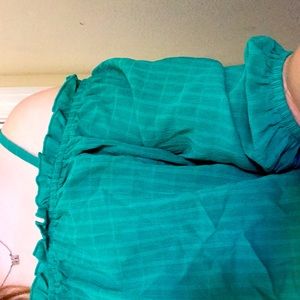 green off the shoulder BCX ruffle top made in Vietnam